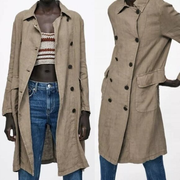 Zara Basic - Double Breasted Trench Coat - 100% linen, Small - Picture 1 of 11